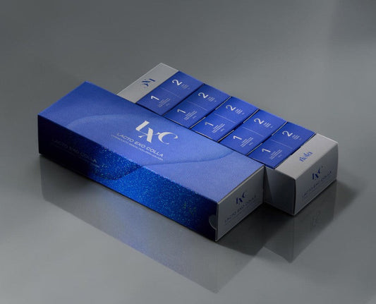 DIY Skincare Lab™ LXC Lacto Exo Colla conditioning skin enhancer set featuring blue and white product packaging boxes.