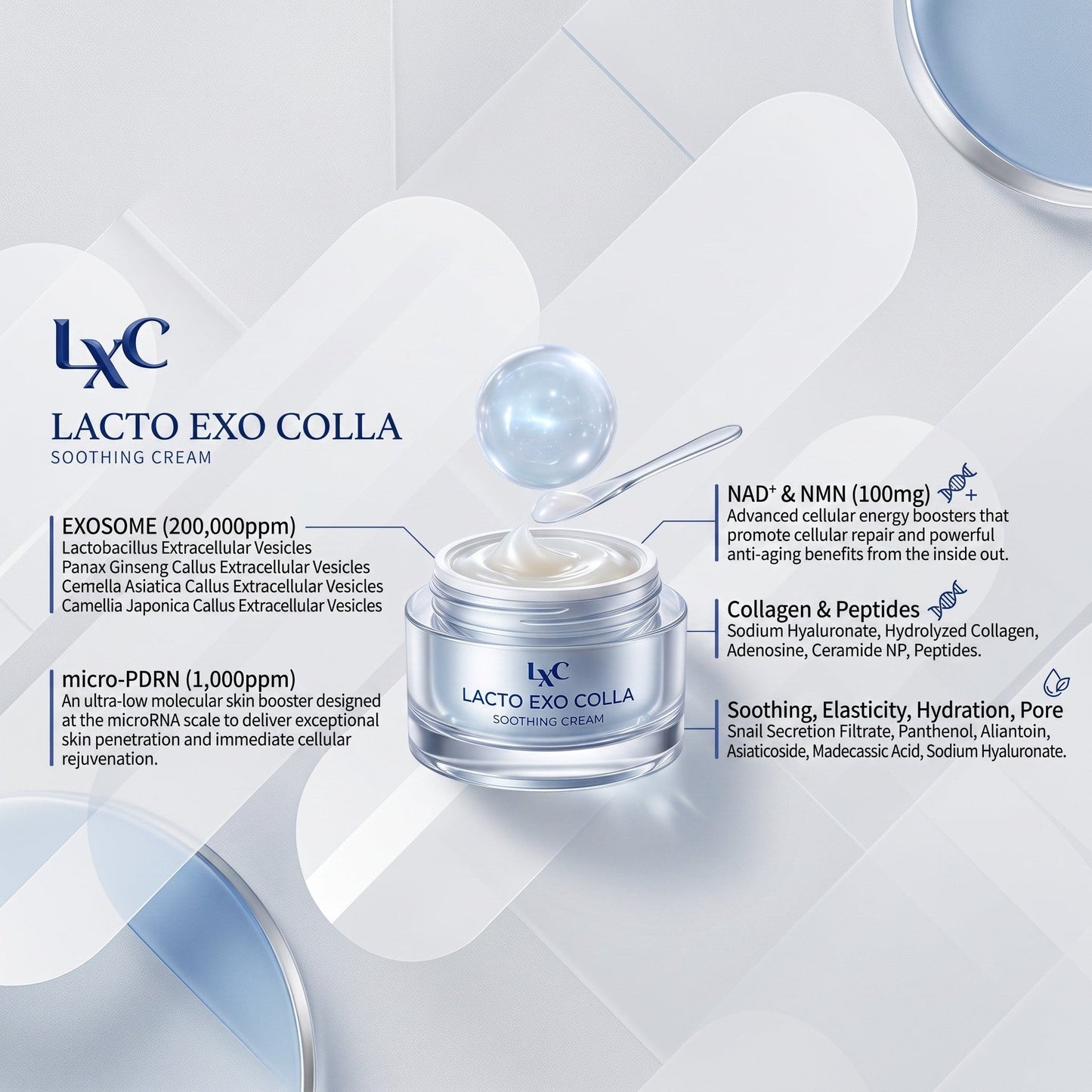 DIY Skincare Lab™ LXC Lacto Exo Colla Soothing Cream jar with spatula, highlighting exosome and PDRN ingredients.