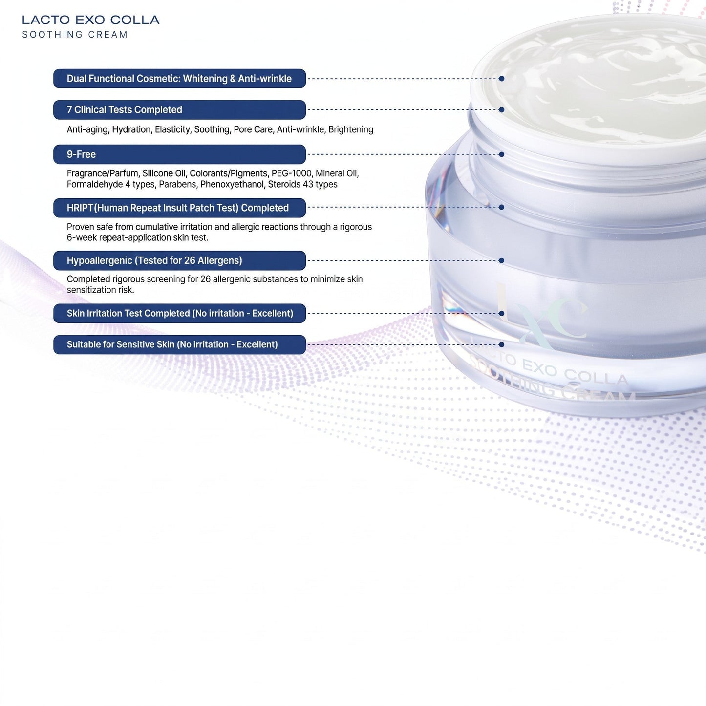 DIY Skincare Lab™ LXC Lacto Exo Colla Soothing Cream jar with clinical benefit labels and ingredient highlights.
