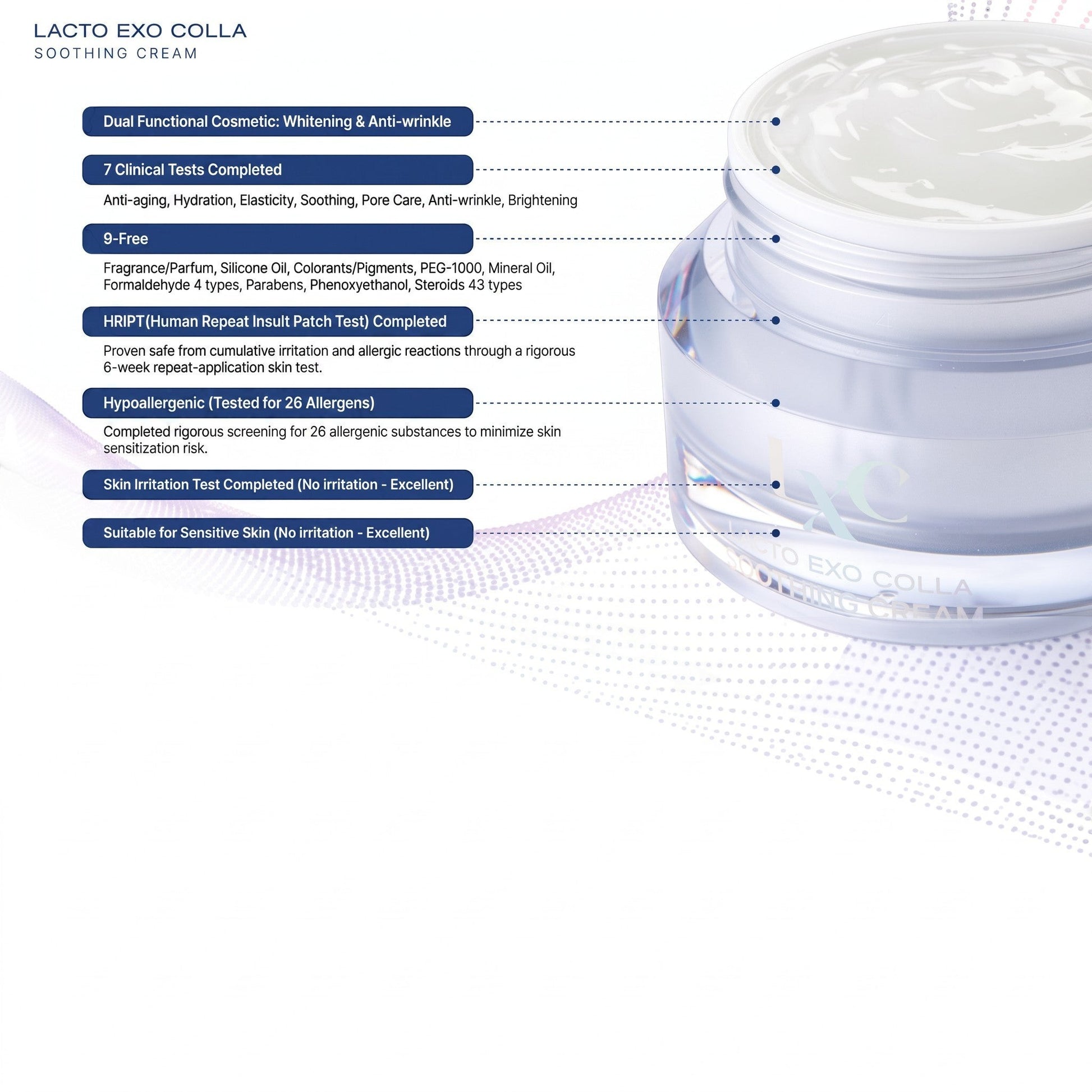 DIY Skincare Lab™ LXC Lacto Exo Colla Soothing Cream jar with clinical benefit labels and ingredient highlights.