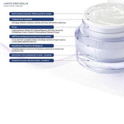 DIY Skincare Lab™ LXC Lacto Exo Colla Soothing Cream jar with clinical benefit labels and ingredient highlights.
