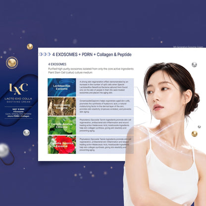 DIY Skincare Lab™ LXC Lacto Exo Colla Soothing Cream infographic showing exosome benefits and a model with glowing skin