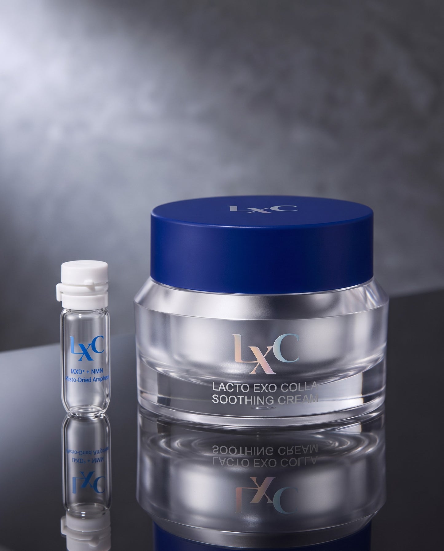 DIY Skincare Lab™ LXC Lacto Exo Colla Soothing Cream set with a freeze-dried powder ampoule and a glass cream jar.