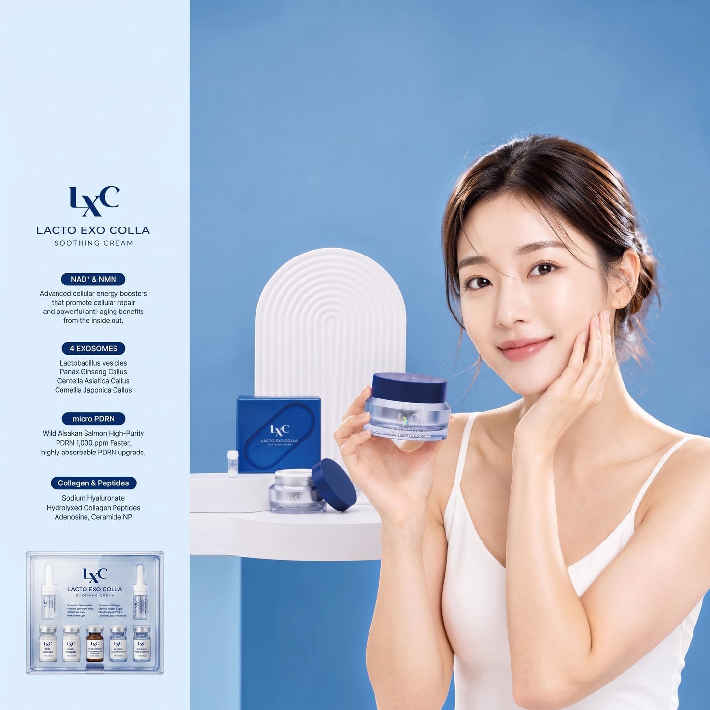 DIY Skincare Lab™ LXC Lacto Exo Colla Soothing Cream with exosome, NAD+, and PDRN ingredients for skin rejuvenation.