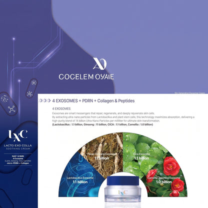 DIY Skincare Lab™ LXC Lacto Exo Colla Soothing Cream featuring 4-exosome complex, PDRN, and collagen for skin repair.