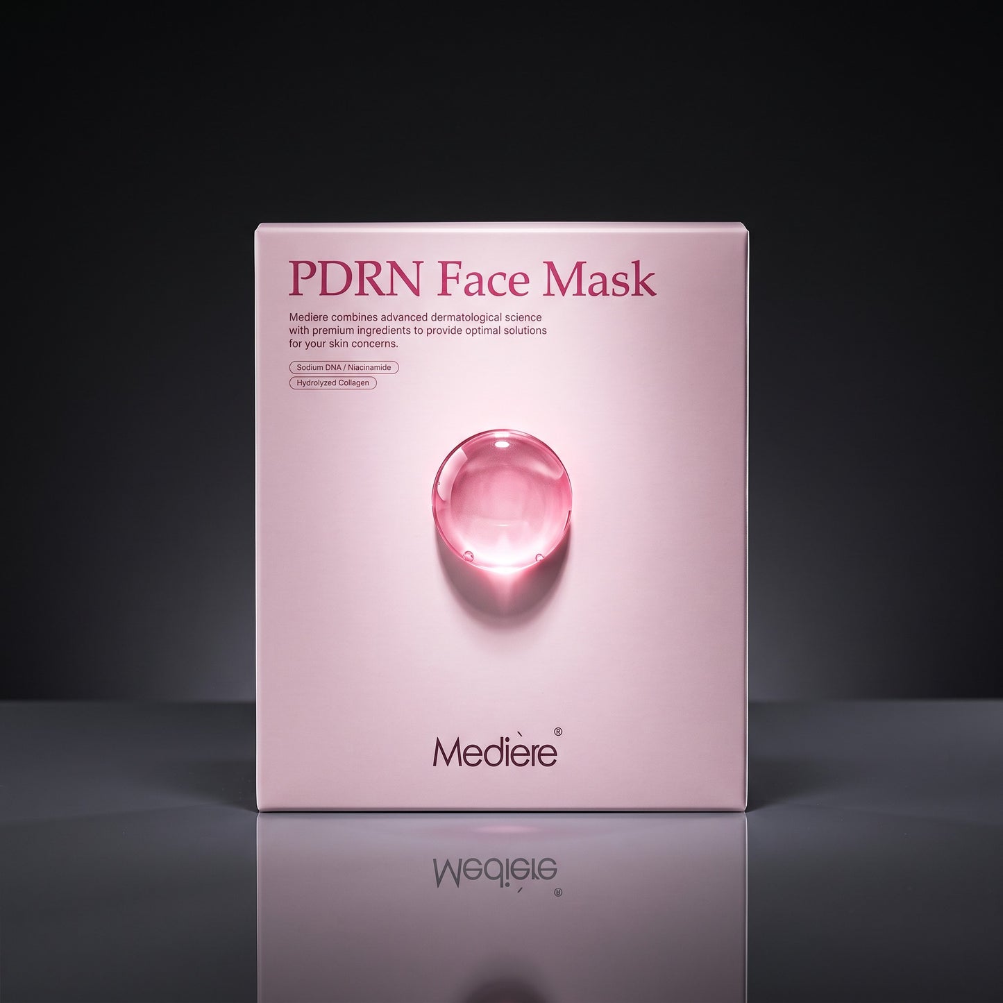 DIY Skincare Lab™ Mediere PDRN hydrogel face mask box in soft pink with a glossy pink droplet graphic on the front.