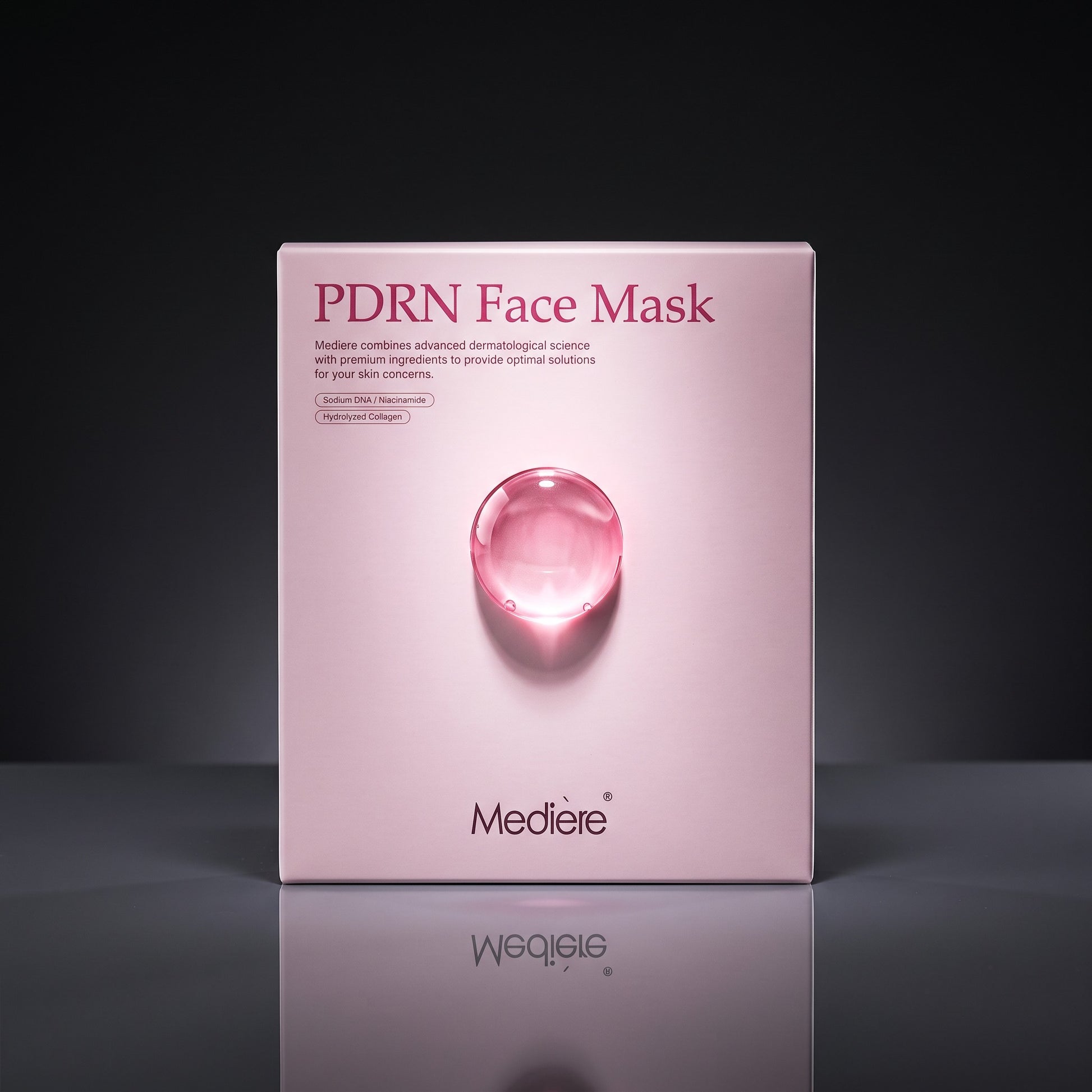 DIY Skincare Lab™ Mediere PDRN hydrogel face mask box in soft pink with a glossy pink droplet graphic on the front.