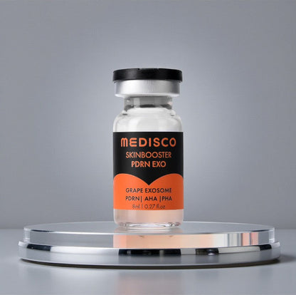 DIY Skincare Lab™ Medisco PDRN Exo skin booster serum in a small glass vial with an orange and black label.