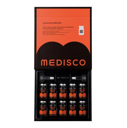 DIY Skincare Lab™ Medisco PDRN Exo skin booster set featuring ten small amber serum vials in a black presentation box.