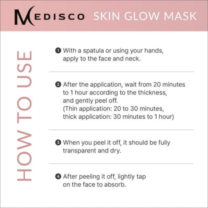 DIY Skincare Lab Medisco Skin Glow Mask application instructions infographic for a peel-off facial treatment.