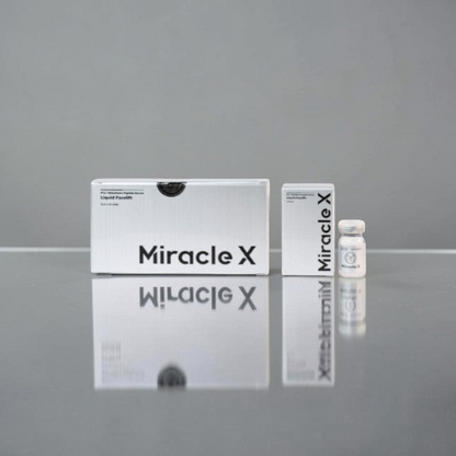 DIY Skincare Lab™ Miracle X skin booster set with white packaging boxes and a small glass vial on a reflective surface.
