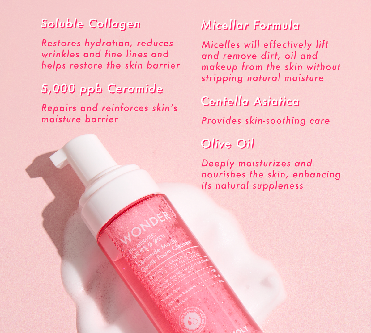 DIY Skincare Lab™ Wonder Ceramide Mochi Gentle Foam Cleanser bottle with foam texture on a pink background