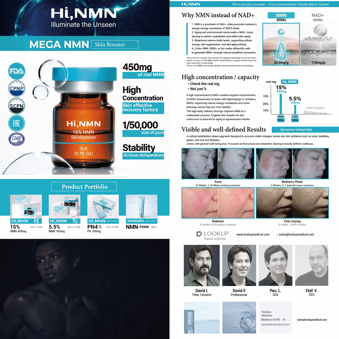 DIY Skincare Lab HI, NMN 15% ultra-concentrated skin conditioning booster vial with detailed product information chart