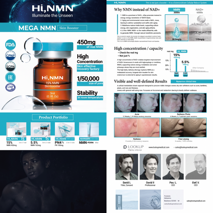 DIY Skincare Lab HI, NMN 15% ultra-concentrated skin conditioning booster vial with detailed product information chart