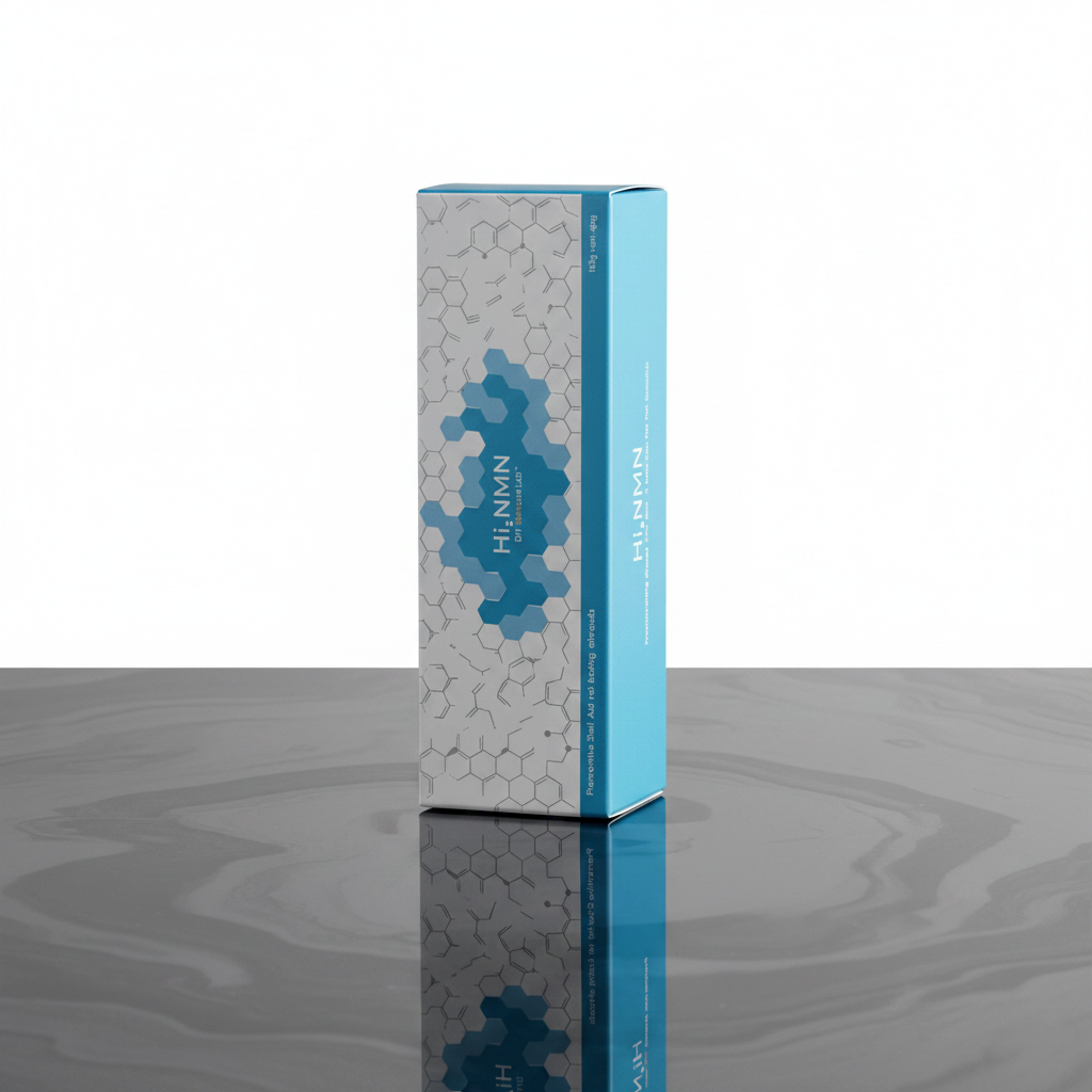 DIY Skincare Lab™ HI, NMN PN 4% skin revitalizing booster box with blue and grey hexagonal molecular pattern design.