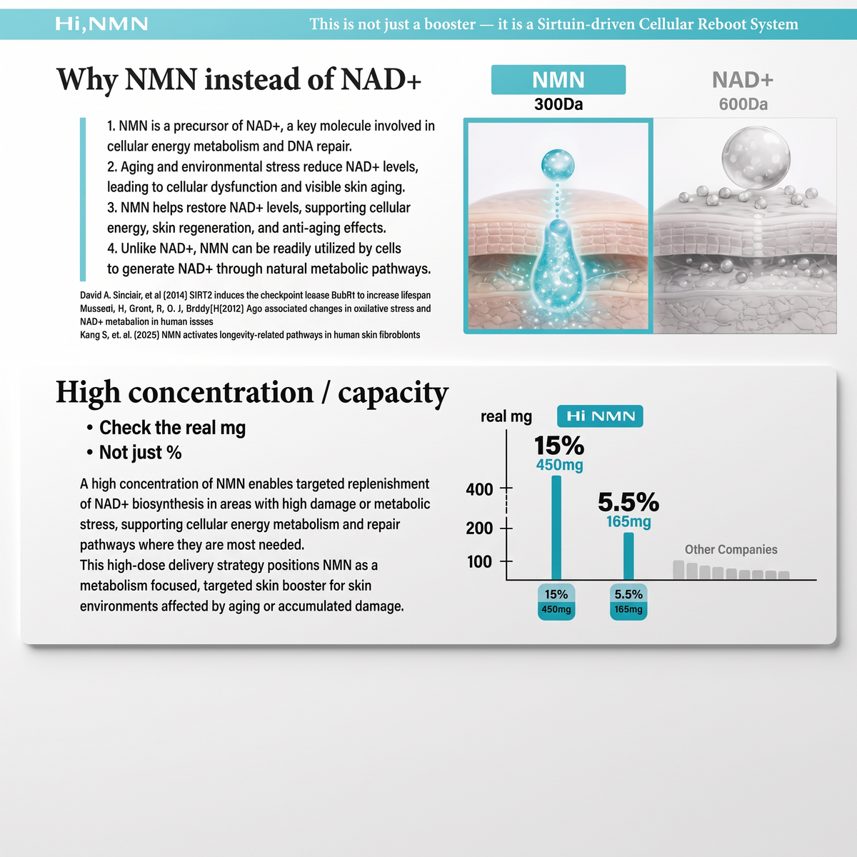 DIY Skincare Lab™ HI, NMN PN 4% infographic comparing NMN and NAD+ molecular sizes and showing high concentration levels.
