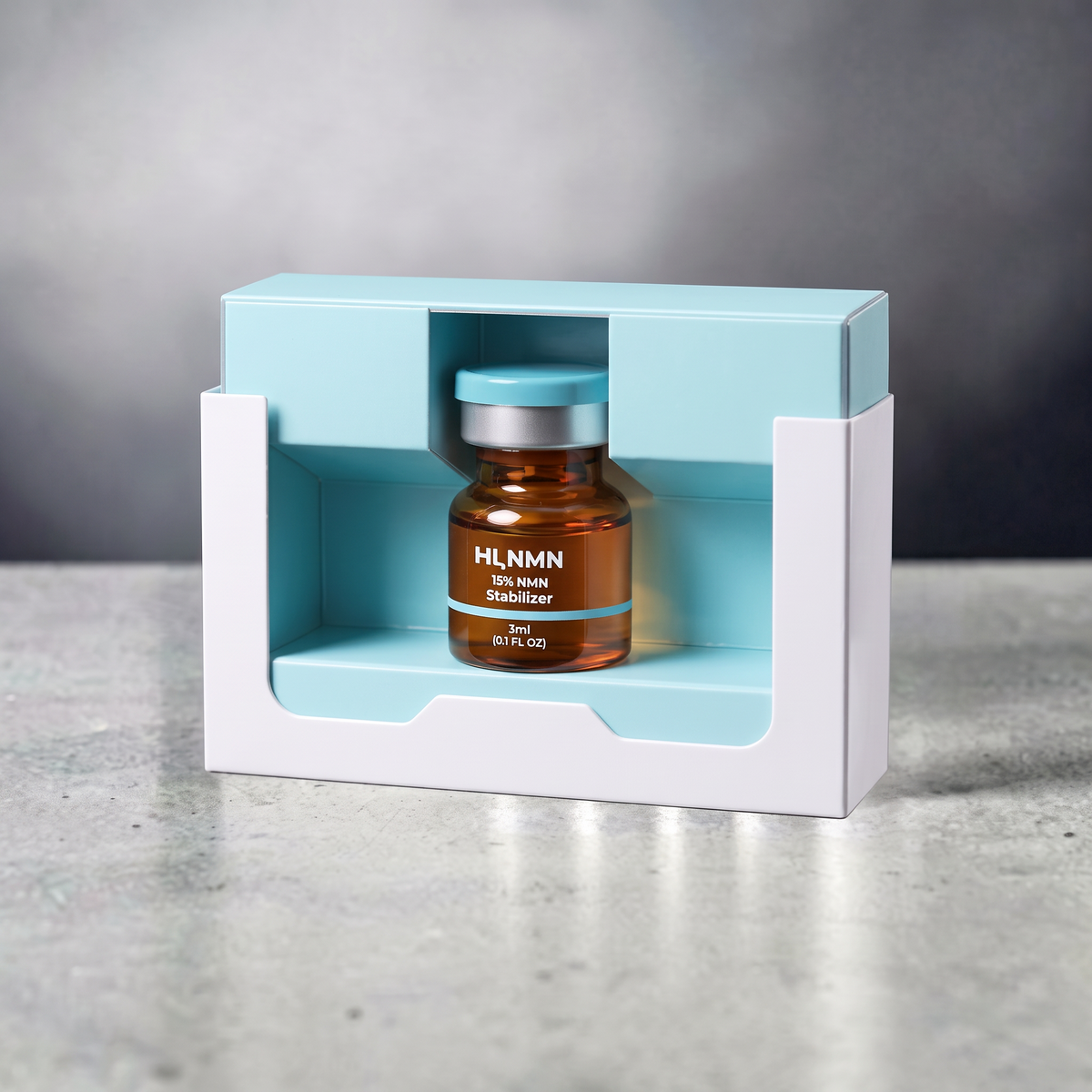 DIY Skincare Lab™ HI, NMN 15% ultra-concentrated skin conditioning booster in a 3ml amber glass vial with blue cap.