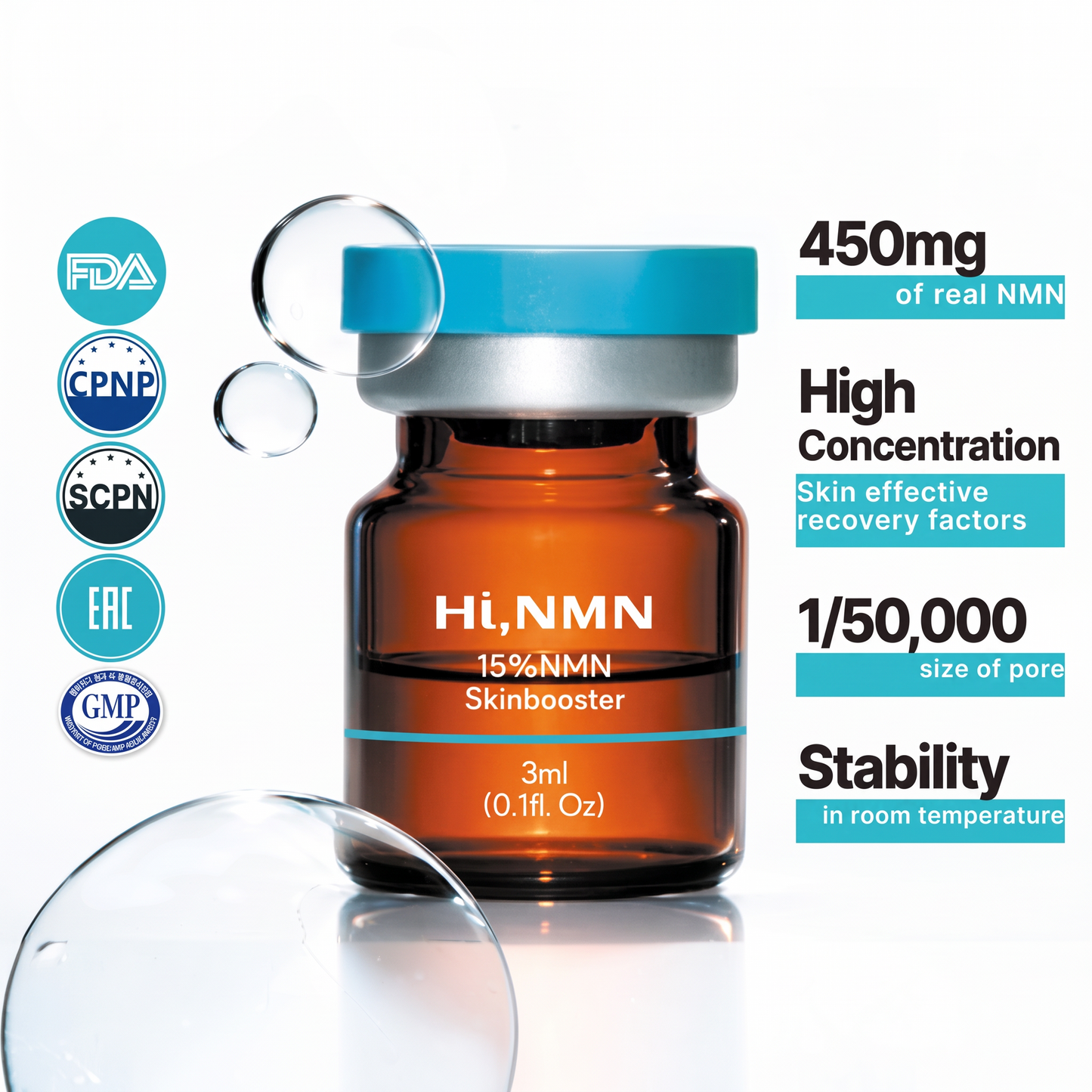 DIY Skincare Lab™ HI, NMN 15% skin booster vial with 450mg concentration in a brown glass bottle with a blue cap.