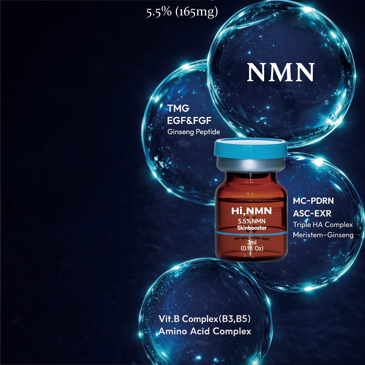 DIY Skincare Lab™ HI, NMN 5.5 skin conditioning booster vial surrounded by glowing blue bubbles and ingredient labels.
