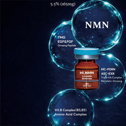 DIY Skincare Lab™ HI, NMN 5.5 skin conditioning booster vial surrounded by glowing blue bubbles and ingredient labels.