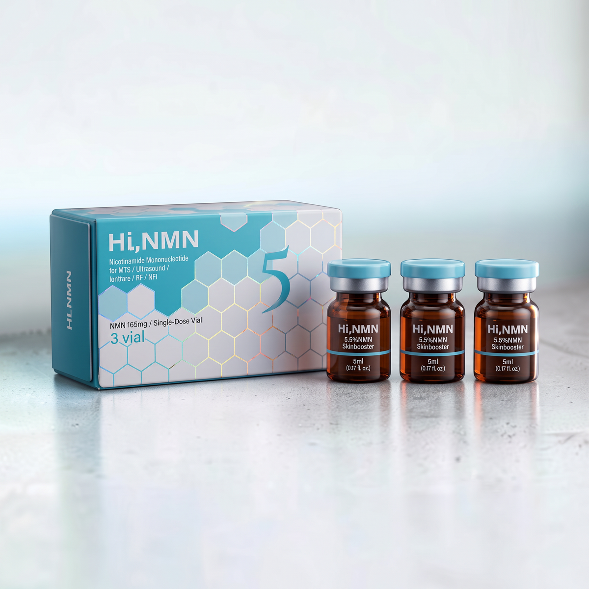 DIY Skincare Lab™ HI, NMN 5.5 skin booster set featuring a blue box and three amber glass vials for topical use.