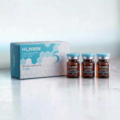 DIY Skincare Lab™ HI, NMN 5.5 skin booster set featuring a blue box and three amber glass vials for topical use.