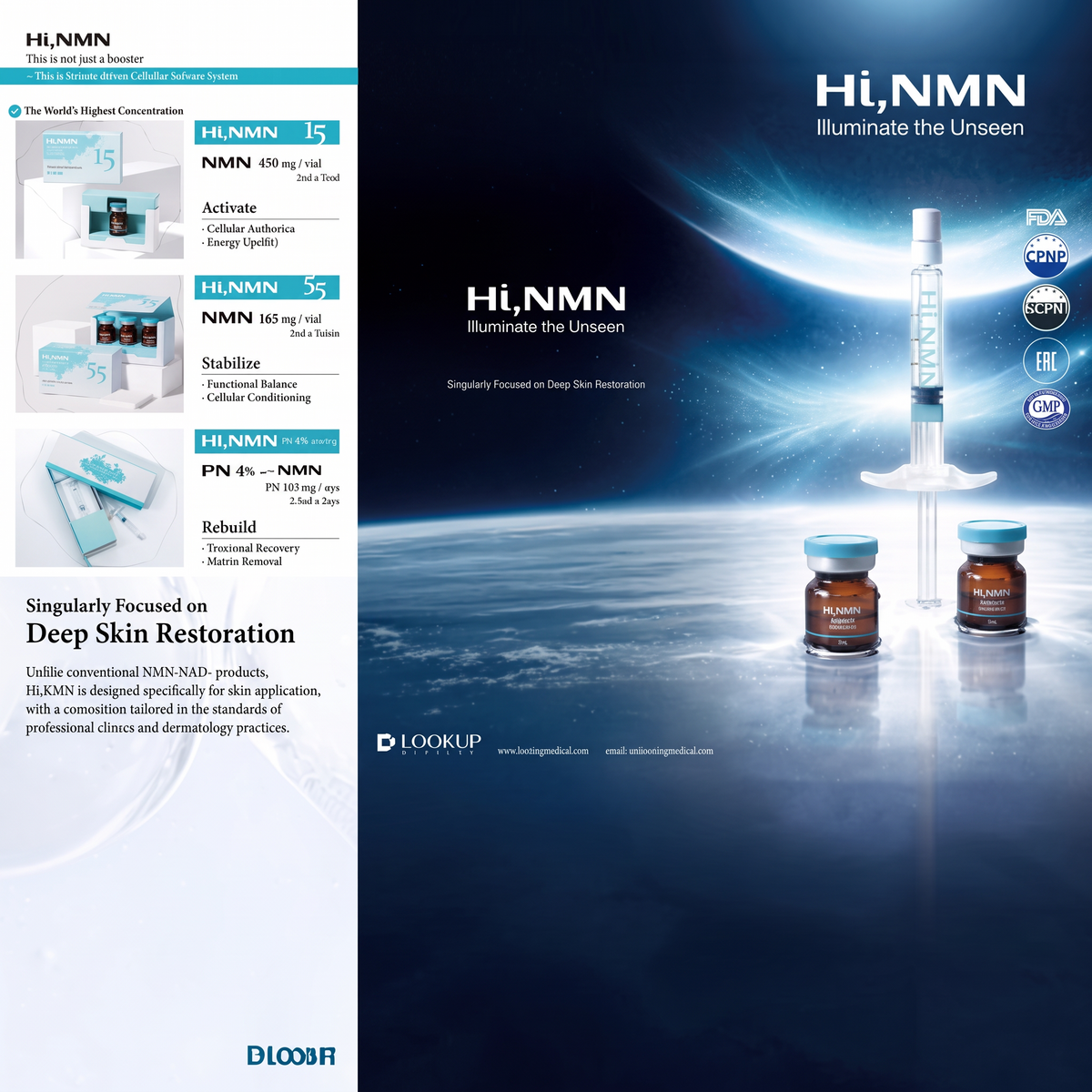 DIY Skincare Lab HI, NMN 5.5 concentrated skin conditioning booster vials and applicator on a dark blue background.