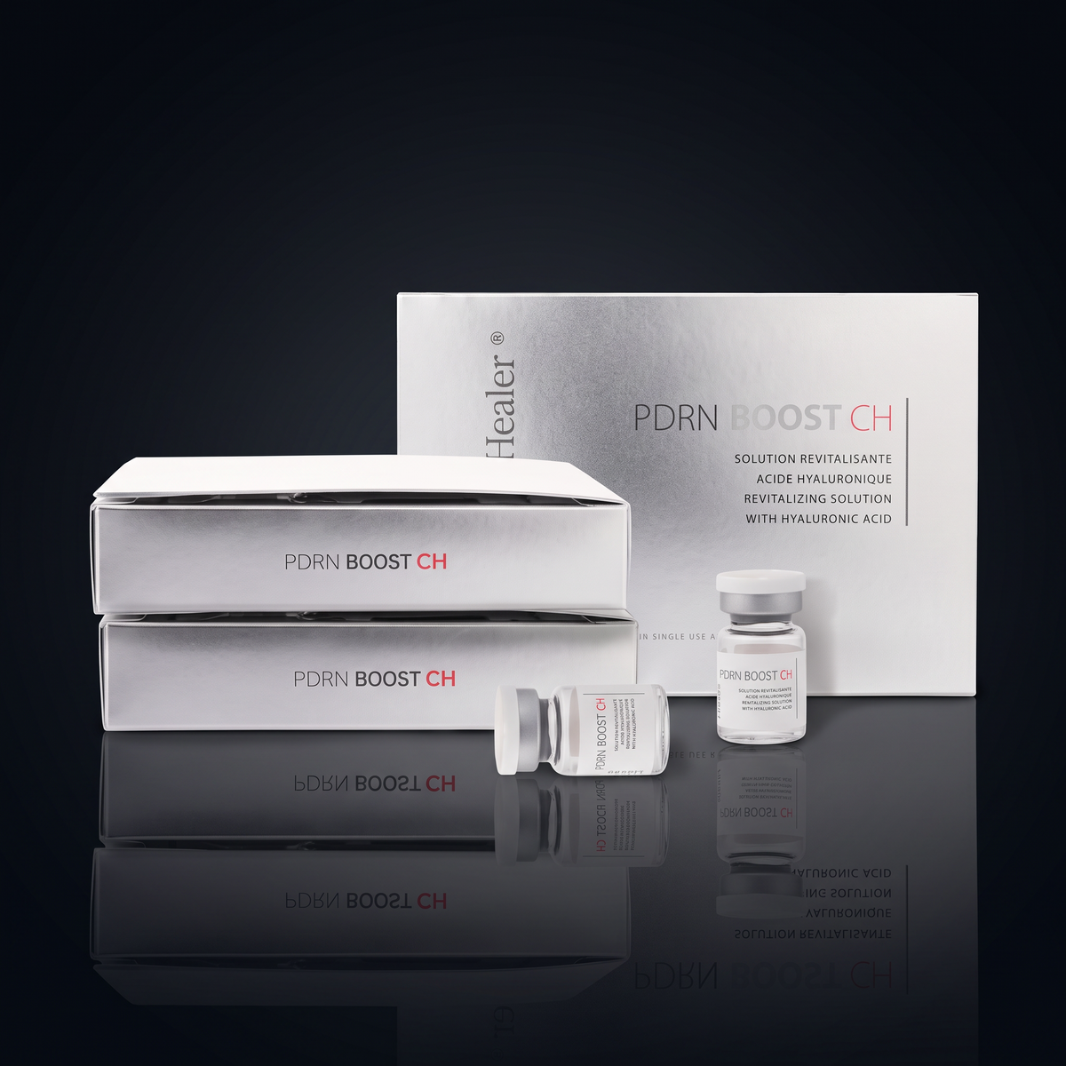 DIY Skincare Lab™ MeToo Healer PDRN Boost CH No. 10 skin revitalizing solution vials and boxes on a dark background.