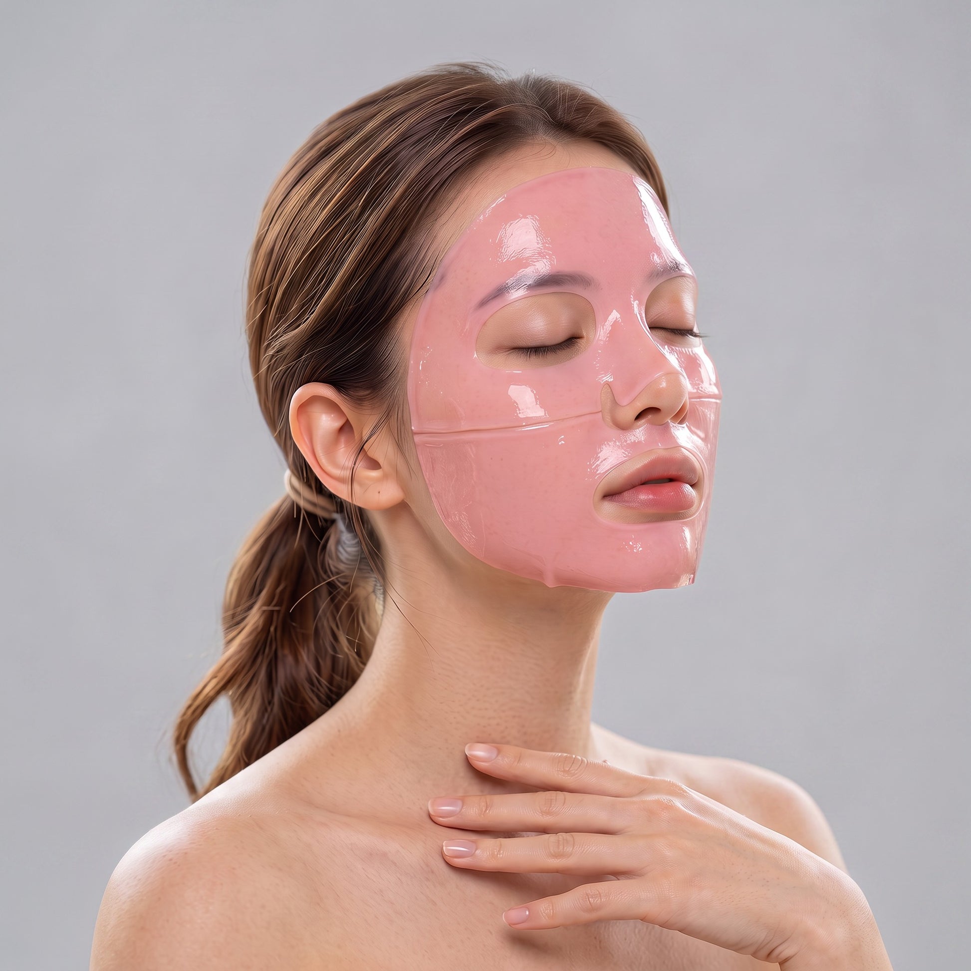 A woman wearing a pink two-piece Mediere PDRN hydrogel face mask from DIY Skincare Lab™ for intense skin hydration.