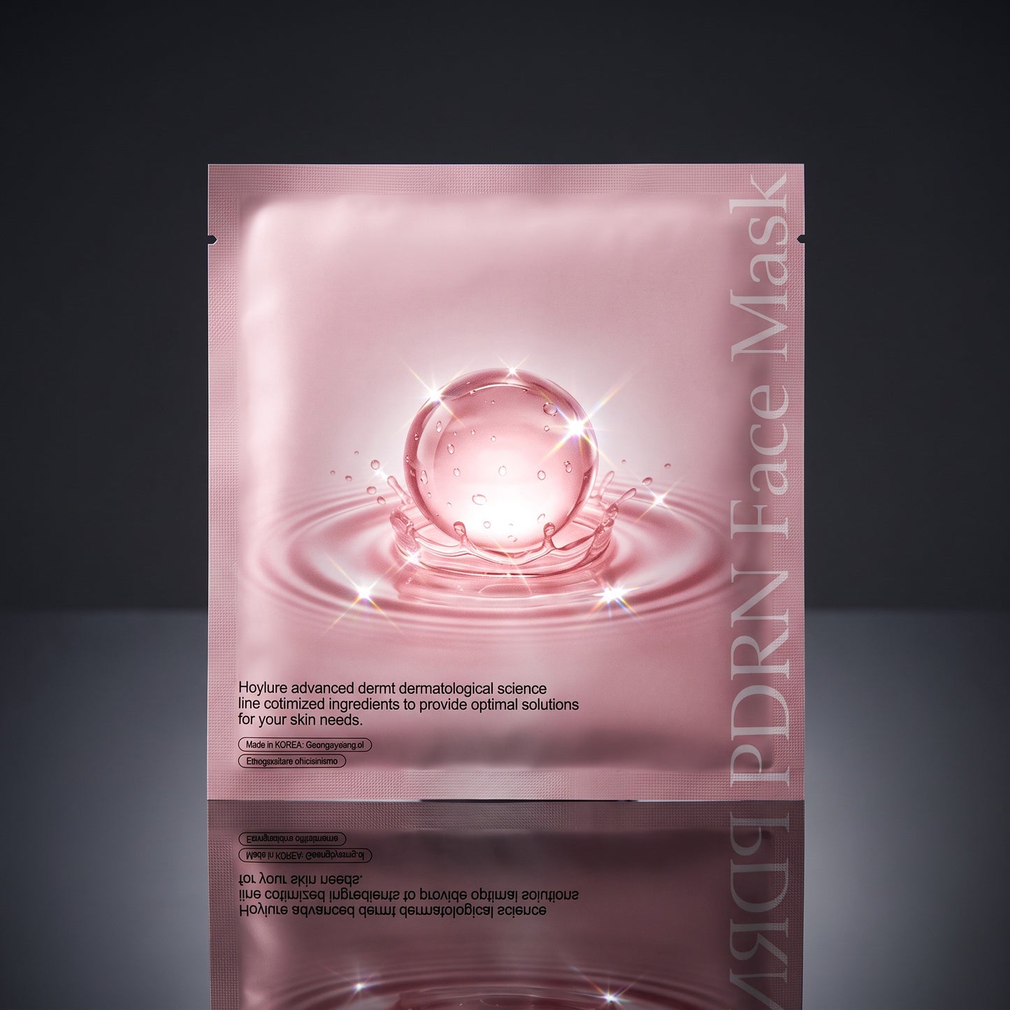 DIY Skincare Lab Mediere PDRN hydrogel face mask packet in soft pink with a glowing water droplet graphic.