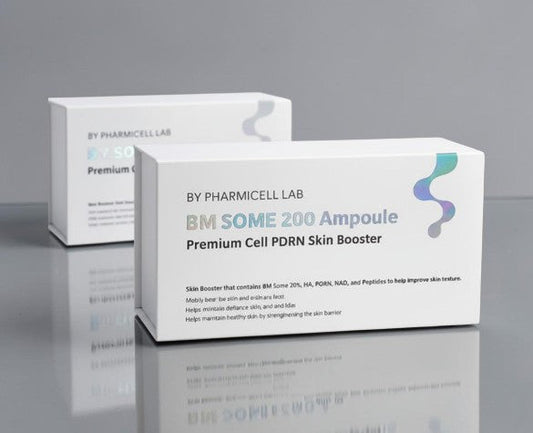 DIY Skincare Lab™ Pharmicell BM SOME 200 PDRN skin booster ampoule boxes in white packaging on a reflective surface