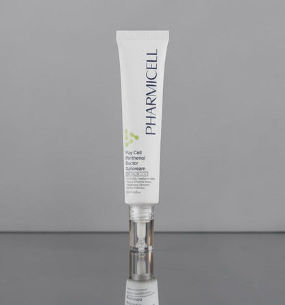 DIY Skincare Lab™ Pharmicell Play Cell Panthenol Balancing Sunscreen in a white squeeze tube with a pump dispenser.