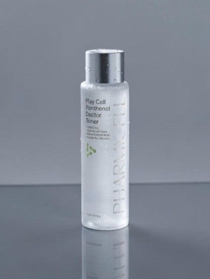 DIY Skincare Lab™ Pharmicell Play Cell Panthenol Balancing Toner in a clear 150ml bottle with water droplets.