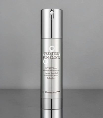 DIY Skincare Lab™ Pharmicell Prestige Daily Defending Sun Block in a sleek silver pump bottle with SPF 40 protection.