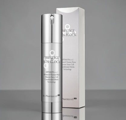 DIY Skincare Lab™ Pharmicell Prestige Daily Defending Sun Block SPF 40 PA+++ in a sleek silver pump bottle and box.