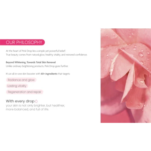 DIY Skincare Lab Pink Drop radiant skin booster philosophy graphic featuring a soft pink rose with water droplets.