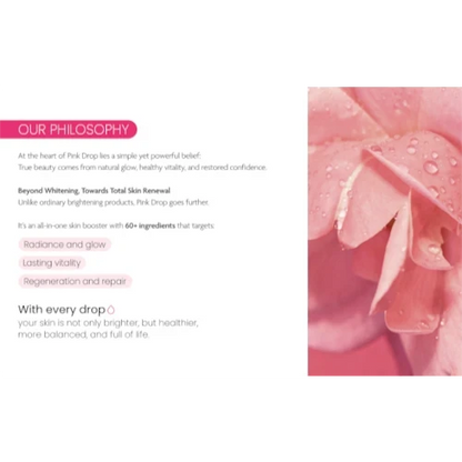 DIY Skincare Lab Pink Drop radiant skin booster philosophy graphic featuring a soft pink rose with water droplets.