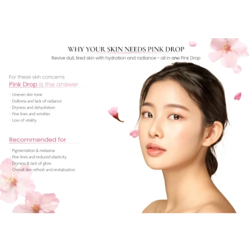 DIY Skincare Lab™ Pink Drop skin booster advertisement featuring a woman with radiant skin and cherry blossom petals