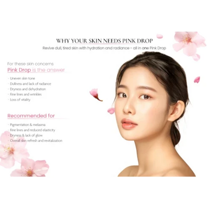 DIY Skincare Lab™ Pink Drop skin booster advertisement featuring a woman with radiant skin and cherry blossom petals