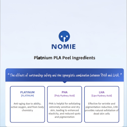 DIY Skincare Lab™ Platinum PLA Peel ingredient infographic detailing benefits of nano-platinum, PHA, and LHA acids.