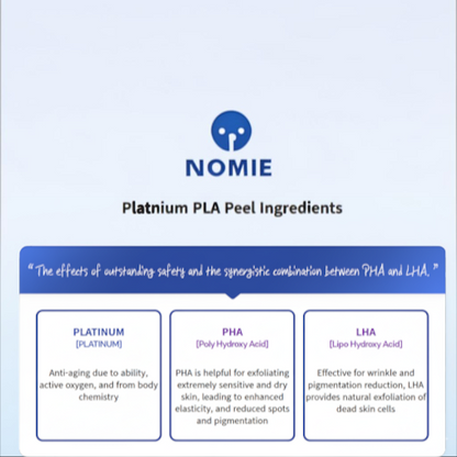 DIY Skincare Lab™ Platinum PLA Peel ingredient infographic detailing benefits of nano-platinum, PHA, and LHA acids.