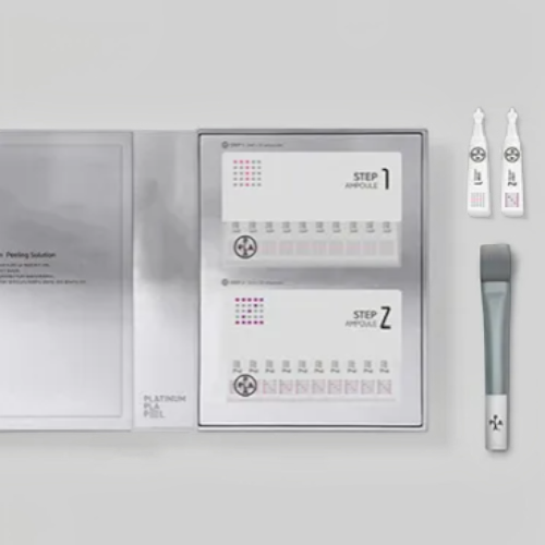 DIY Skincare Lab™ Platinum PLA Peel kit with two-step ampoules and application brush for professional facial treatment.