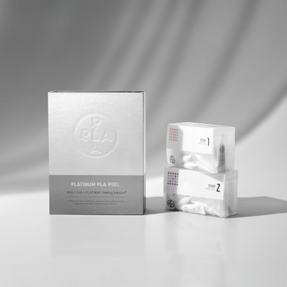 DIY Skincare Lab™ Platinum PLA Peel two-step professional exfoliating treatment set with ampoules and box.