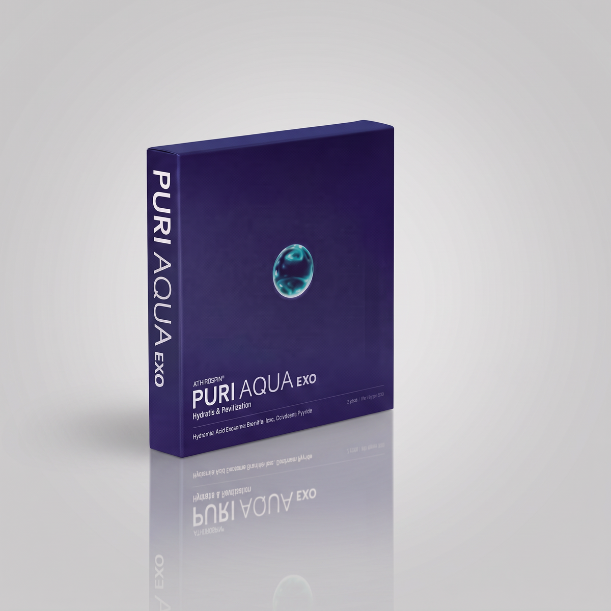 DIY Skincare Lab™ PURI AQUA EXO bio-revitalizing exosome complex box in deep purple with a glowing blue orb graphic.