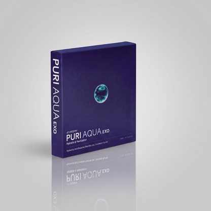 DIY Skincare Lab™ PURI AQUA EXO bio-revitalizing exosome complex box in deep purple with a glowing blue orb graphic.