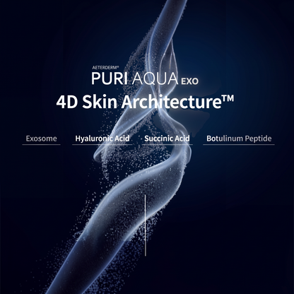 DIY Skincare Lab™ PURI AQUA EXO 4D bio-revitalizing exosome complex graphic with key ingredients listed.
