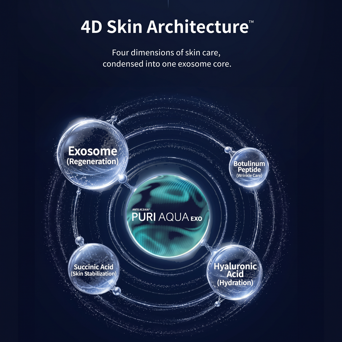 DIY Skincare Lab PURI AQUA EXO 4D Skin Architecture diagram showing exosome, peptide, succinic acid, and HA components.