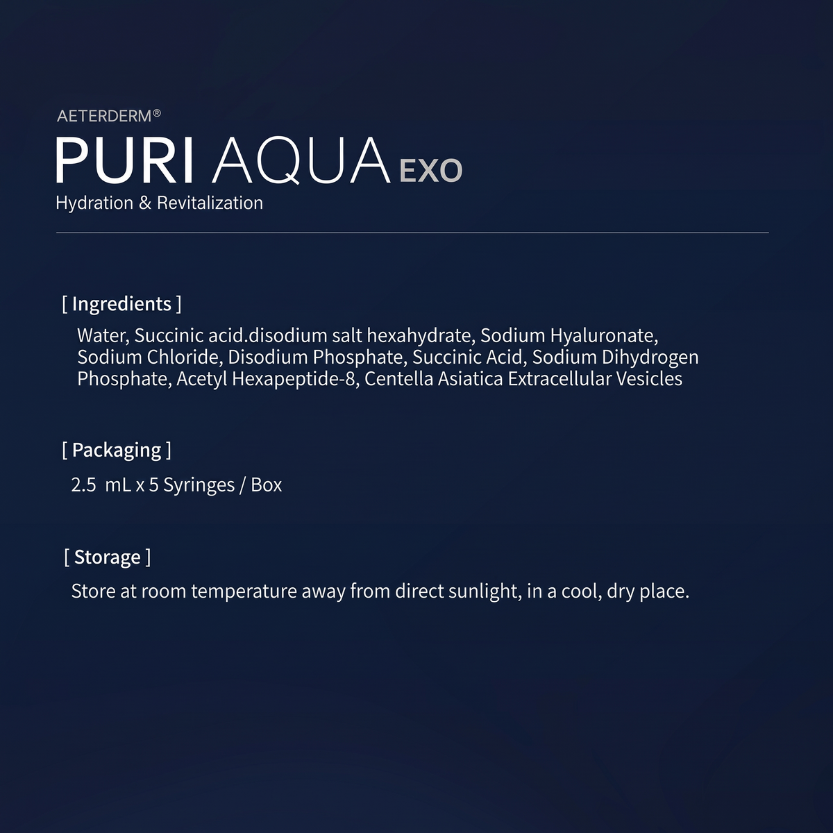 DIY Skincare Lab™ PURI AQUA EXO product information card detailing ingredients, packaging, and storage instructions.