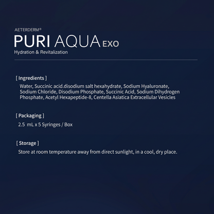 DIY Skincare Lab™ PURI AQUA EXO product information card detailing ingredients, packaging, and storage instructions.