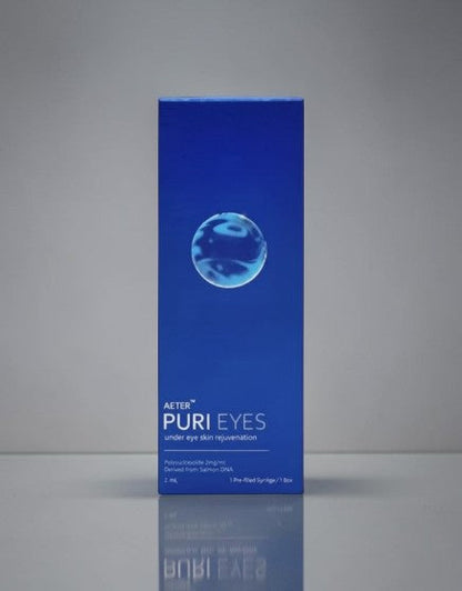 DIY Skincare Lab™ PURI Eyes polynucleotide eye booster in a blue box for under-eye skin rejuvenation.